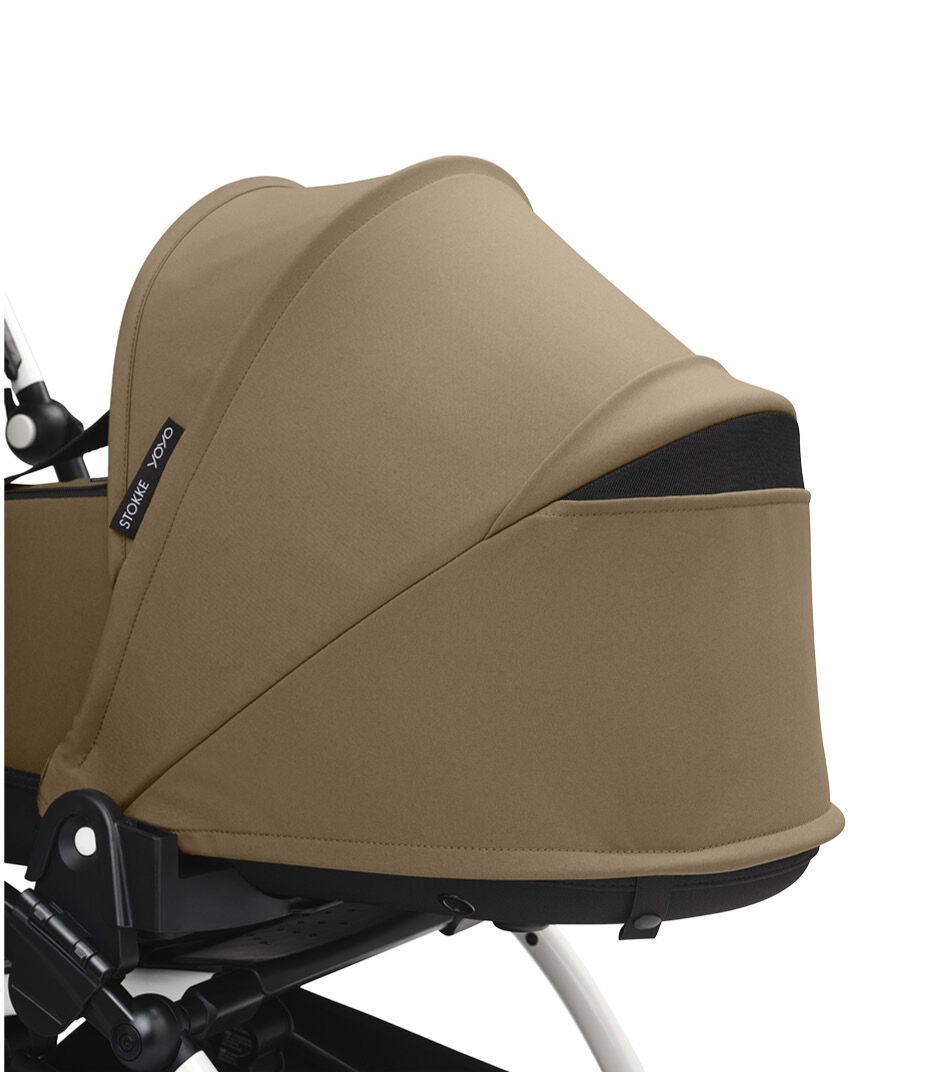 Stokke® YOYO3® Newborn Shell, Toffee. White Frame. Canopy ventilation open, close-up.
 galery image 4